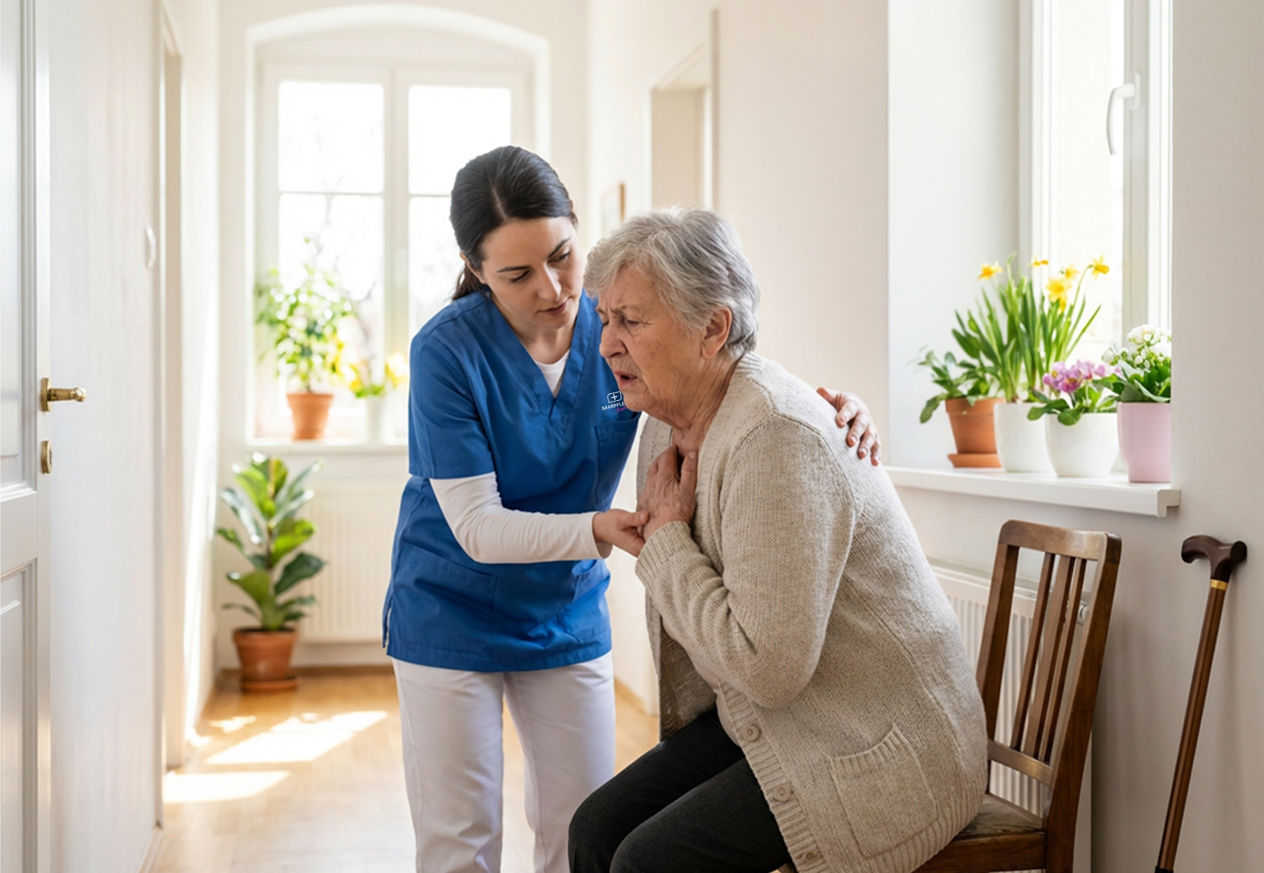Pflegekraft beobachtet die Atmung einer älteren Frau zu Hause
