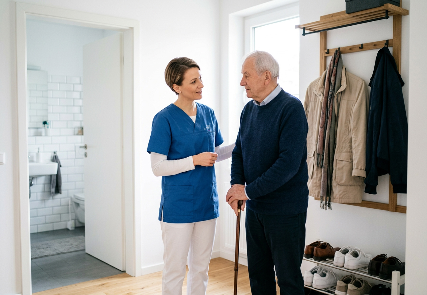 Pflegekraft spricht ruhig mit älterer Person in häuslicher Umgebung über Ordnung und Hygiene im Alltag