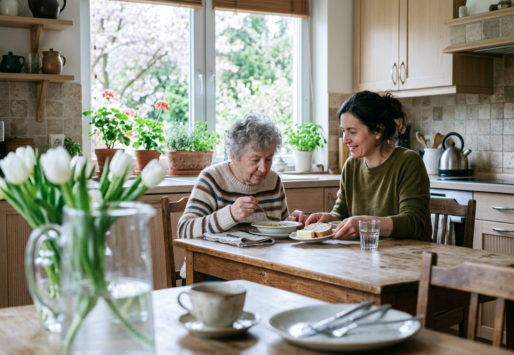 Ältere Person beim Essen zu Hause, Angehörige unterstützen ruhig und aufmerksam im Alltag