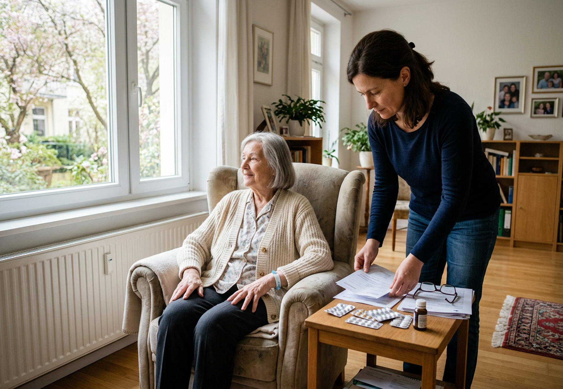 Ältere Person kommt nach einem Krankenhausaufenthalt nach Hause, Angehörige unterstützen beim Ankommen in der Wohnung