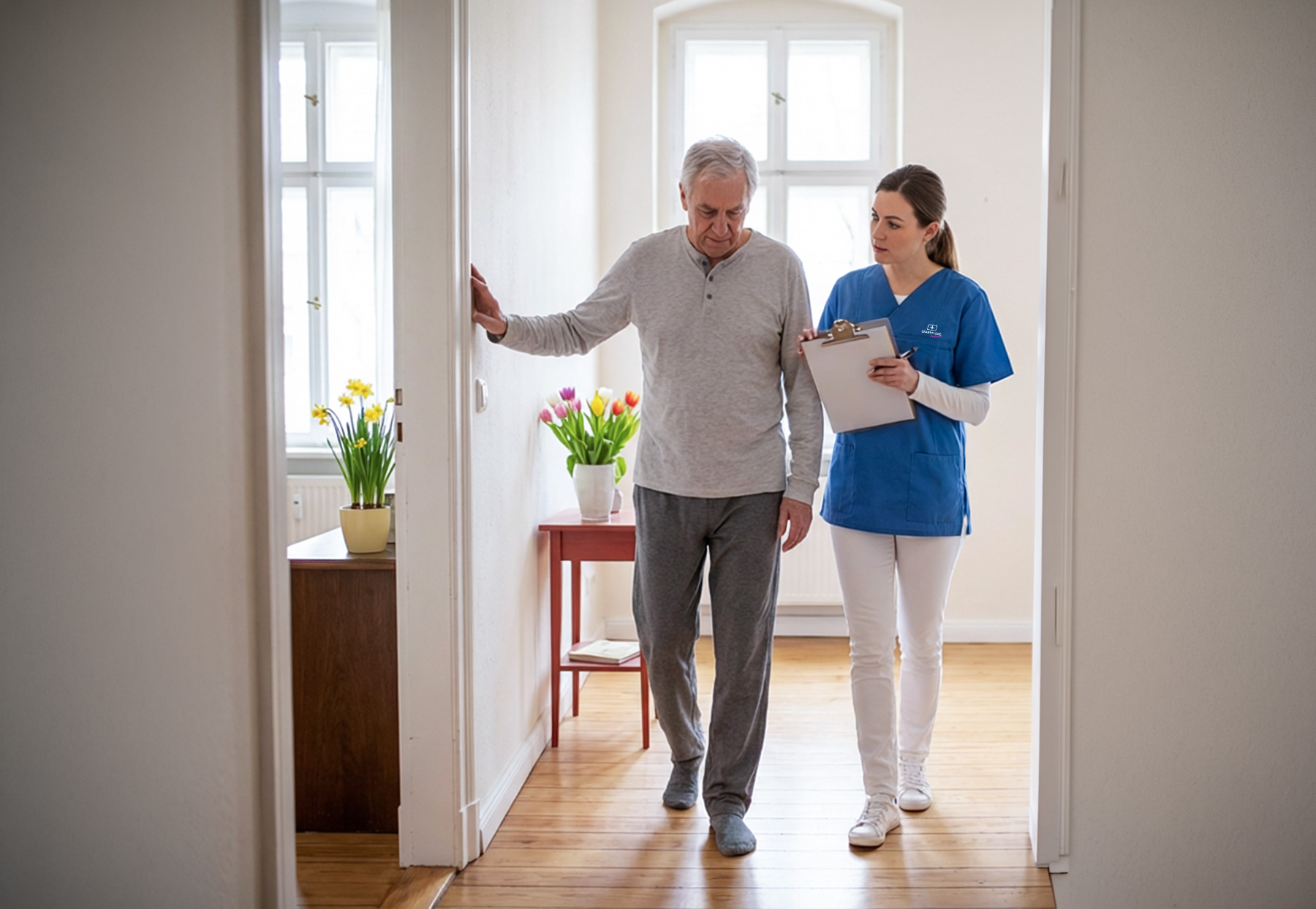 Pflegekraft beobachtet das Gangbild einer älteren Person in häuslicher Umgebung
